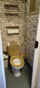 a bathroom with a toilet with a gold seat at Le White Garden in De Panne +14 photos