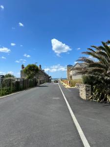 an empty road with palm trees on the side at les fermettes de la plage in Saint-Nic +2 photos