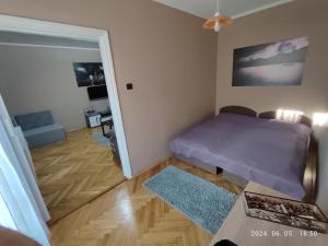 a small bedroom with a purple bed and a wooden floor at Startpont Apartman in Pécs