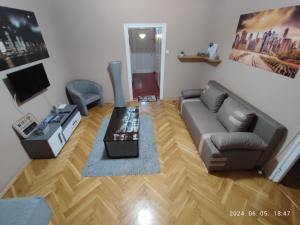 a living room with a couch and a tv at Startpont Apartman in Pécs