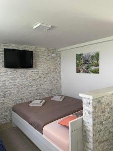 a bedroom with a bed and a tv on a brick wall at Montenegro High Mountain Apartment in Žabljak