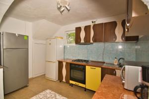 a kitchen with a refrigerator and a stove top oven at Casa Sima in Călimăneşti