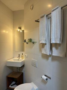 a bathroom with a sink and a toilet and a mirror at Dalauro Next Bed & Breakfast in Eys +39 photos