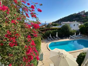 a resort with a swimming pool and red flowers at AkdenizVillas in Kaş