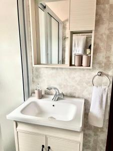 a bathroom with a white sink and a mirror at Red Brick Apartments - In Central Accra - 15 Mins To Airport in Accra