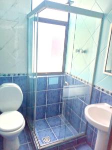 a bathroom with a shower and a toilet and a sink at Hotel Avenida in La Paz
