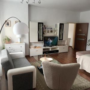 a living room with a couch and a tv at U Tadeka in Krásno nad Kysucou +3 photos