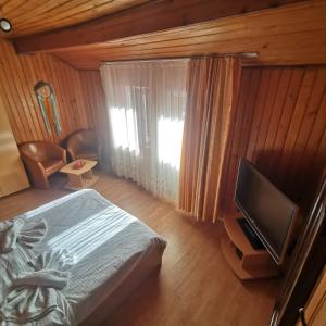 a bedroom with a bed and a flat screen tv at Pensiunea Fara Nume in Buşteni