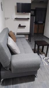 a gray couch in a living room with a table at Departamento Ecoface Vallarta in Puerto Vallarta
