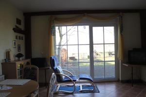 a living room with a large sliding glass door at Ferienhaus am See - b44952 in Blankensee