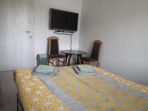 a room with a bed and two chairs and a tv at Sobe Zeleni raj in Podnart