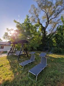 a group of chairs and a swing in a yard at Green Nest in Brezoi