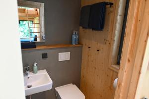 a bathroom with a white toilet and a sink at Tiny House Nature 15 - Green Tiny Village Harz in Osterode