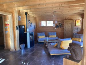 伯伊CHALET LUANE près de VALBERG的小木屋内带蓝色家具的客厅