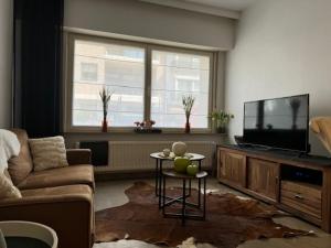 ein Wohnzimmer mit einem Sofa und einem Flachbild-TV in der Unterkunft Duinenwachter in Knokke-Heist