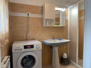 a bathroom with a washing machine and a sink at Cà du Brenta Casa nel cuore della Liguria in Chiusavecchia