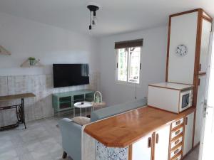 a living room with a counter with a microwave and a tv at Casita tranquila, con finca y cerca de las playas in Muxia