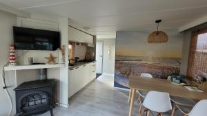 a kitchen with a fireplace and a table and a stove at Chalet Joy aan Zee in Hollum