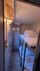 a small room with two bunk beds and a ladder at Chalet Joy aan Zee in Hollum