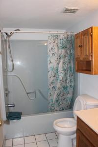 a bathroom with a shower and a toilet at Blue Haven Bayside in Ocean City +10 photos