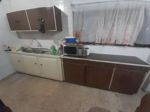 Una pequeña cocina con fregadero y microondas. en Central apartment in Otrabanda, en Willemstad