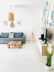 salon z kanapą i stolikiem kawowym w obiekcie Elizabeth Garden Premium Apartment w mieście Kecskemét