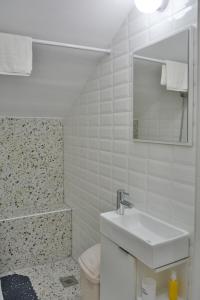 a bathroom with a sink and a toilet and a mirror at Apartment Bela in Senj +16 photos