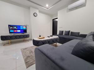 a living room with two couches and a tv at Free Parking-Luxury 1 Bed with Pool,Gym,Cinema in Lahore