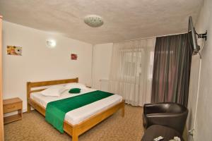 a hotel room with a bed and a chair at Casa Sima in Călimăneşti