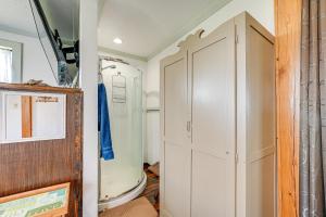 a bathroom with a shower and a white cabinet at Waterfront Perry Home Rooftop Deck, Pets Welcome! in Perry +16 photos