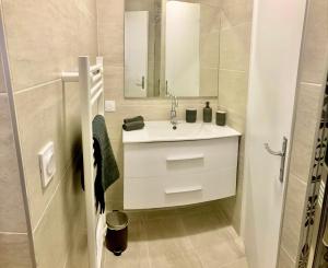 安锡Appartement ALBIGNY Centre Lac Annecy的带水槽和镜子的白色浴室