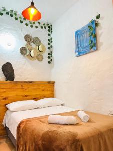 ハルディンにあるCasa de las Rocas Hostelのベッドルーム1室(木製ヘッドボード付きのベッド1台付)