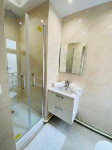 a bathroom with a shower and a sink and a mirror at Appartement-Paris-Gare du nord-Paris Nord in Paris