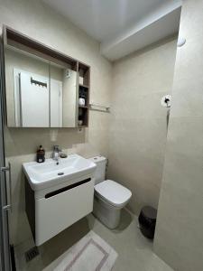 uma casa de banho com um WC branco e um lavatório. em Lux apartment 8, center, free parking em Niš