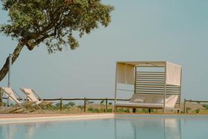 a swimming pool with a bed and chairs next to a house at Herdade Vale de Cabras in Portel