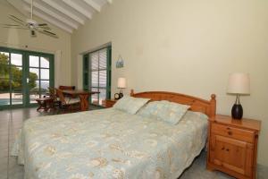a bedroom with a bed and a table with a lamp at Kas Berde Kanti Laman in Kralendijk