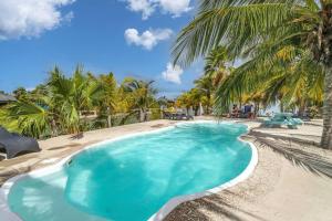 a swimming pool in the middle of a beach with palm trees at Ocean Breeze Apartments #33 in Kralendijk