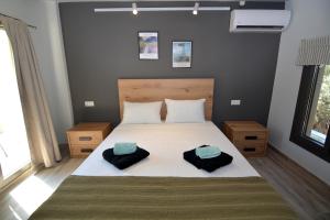 a bedroom with a bed with two pillows on it at The Thassian Yard Houses in Prinos