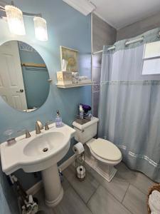 a bathroom with a sink and a toilet and a mirror at El Palmar Cottages LLC Whole House in Clearwater Beach +55 photos