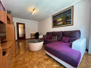a living room with a purple couch and a tv at Peris in Gijón