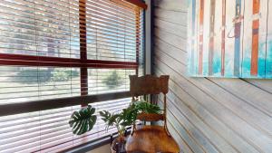 a room with a window with a plant in a chair at Aspen Creek #115 in Mammoth Lakes +33 photos