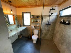 a bathroom with a shower and a toilet and a sink at Longitude 31 House in Faja Grande +8 photos
