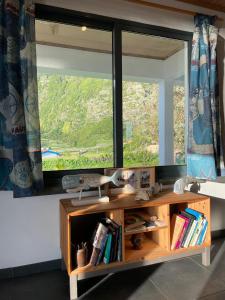 een kamer met een groot raam en een boekenplank bij Longitude 31 House in Faja Grande