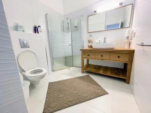 a bathroom with a toilet and a sink and a shower at Exquisite Sunset Penthouse in Haifa +89 photos