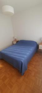 a blue bed in a room with a wooden floor at Hermoso departamento en Palermo muy luminoso in Buenos Aires