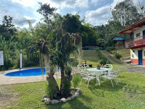 a garden with a table and chairs next to a pool at BRISAS DEL RIO SALENTO in Salento