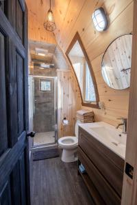 Un baño con inodoro, ducha y lavabo. en Les Boisés de la rivière noire, en Sainte-Émélie-de-lʼÉnergie