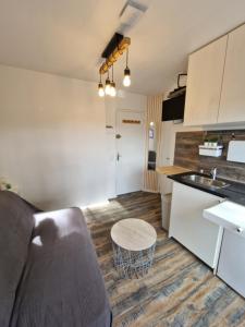 a kitchen with a sink and a table in a room at Les sablettes front de Mer Tour Fernand pouillon provence plage in La Seyne-sur-Mer