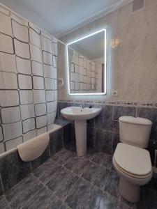 a bathroom with a toilet and a sink and a mirror at Apartamento con piscina privada No mascotas in Medina de Pomar