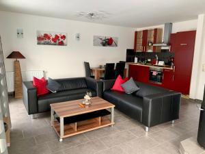 a living room with two leather couches and a table at Appartements am Schaalsee in Zarrentin